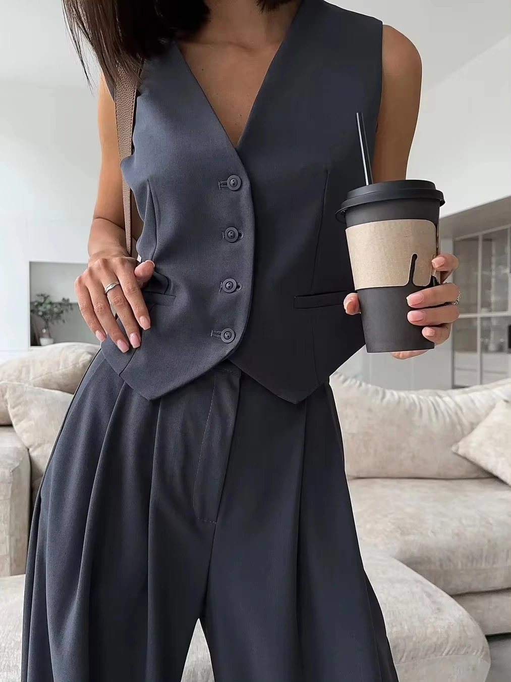 

2024 Autumn New Blue Wide Leg Trousers Office Suit for Women V-Neck Sleeveless Vest 2 Piece Set Pantsuit Ladies Tracksuit Outfit