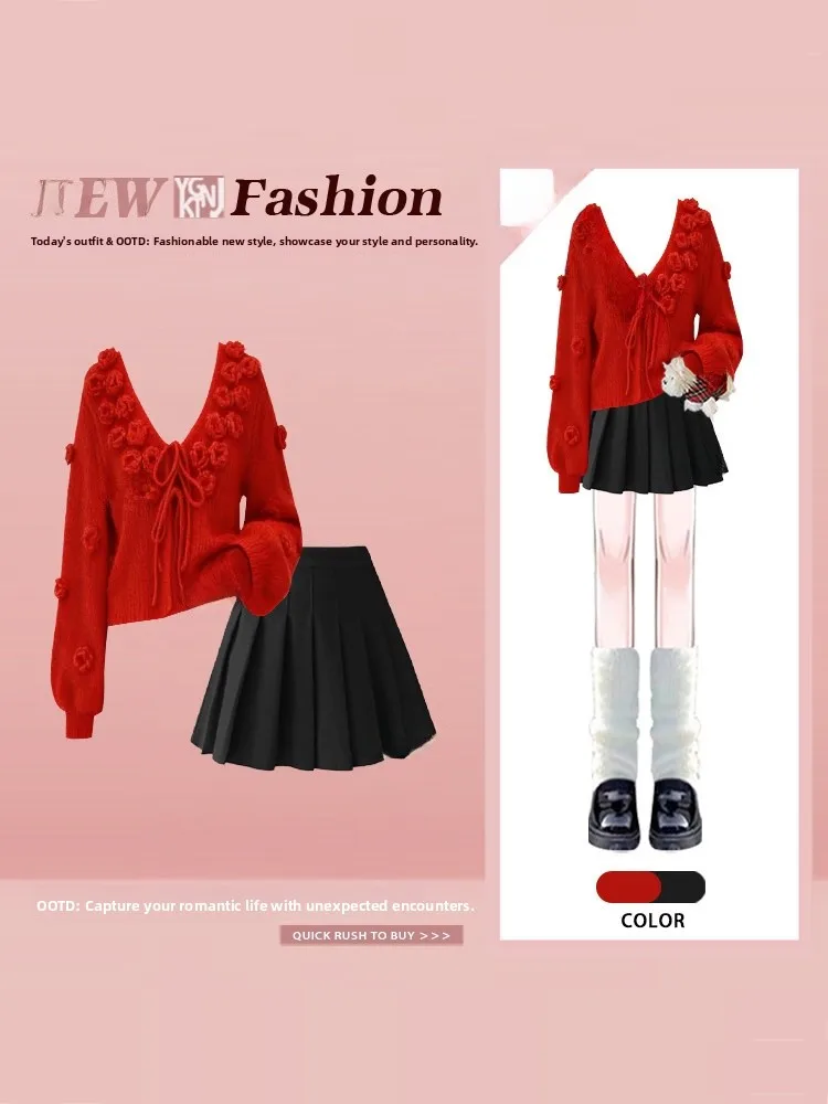 

Корейский свободный длинный свек V-Ne, вязаный свитер и юбка, комплект с вышитым цветочным узором, зимняя одежда для колледжа для женщин