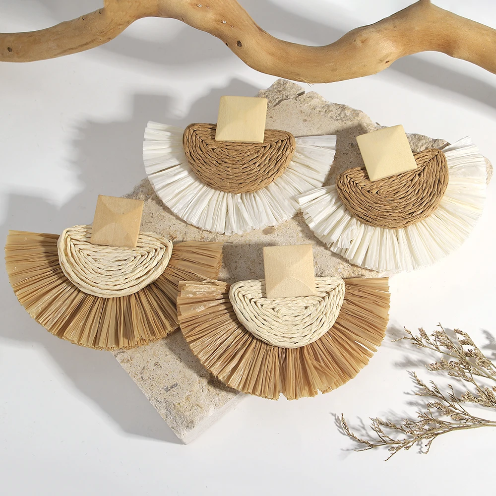 AENSOA Natural Raffia Woven Fan Shaped Drop Earrings for Women Lightweight Handmade Geometric Wooden Earrings Beach Jewelry Gift