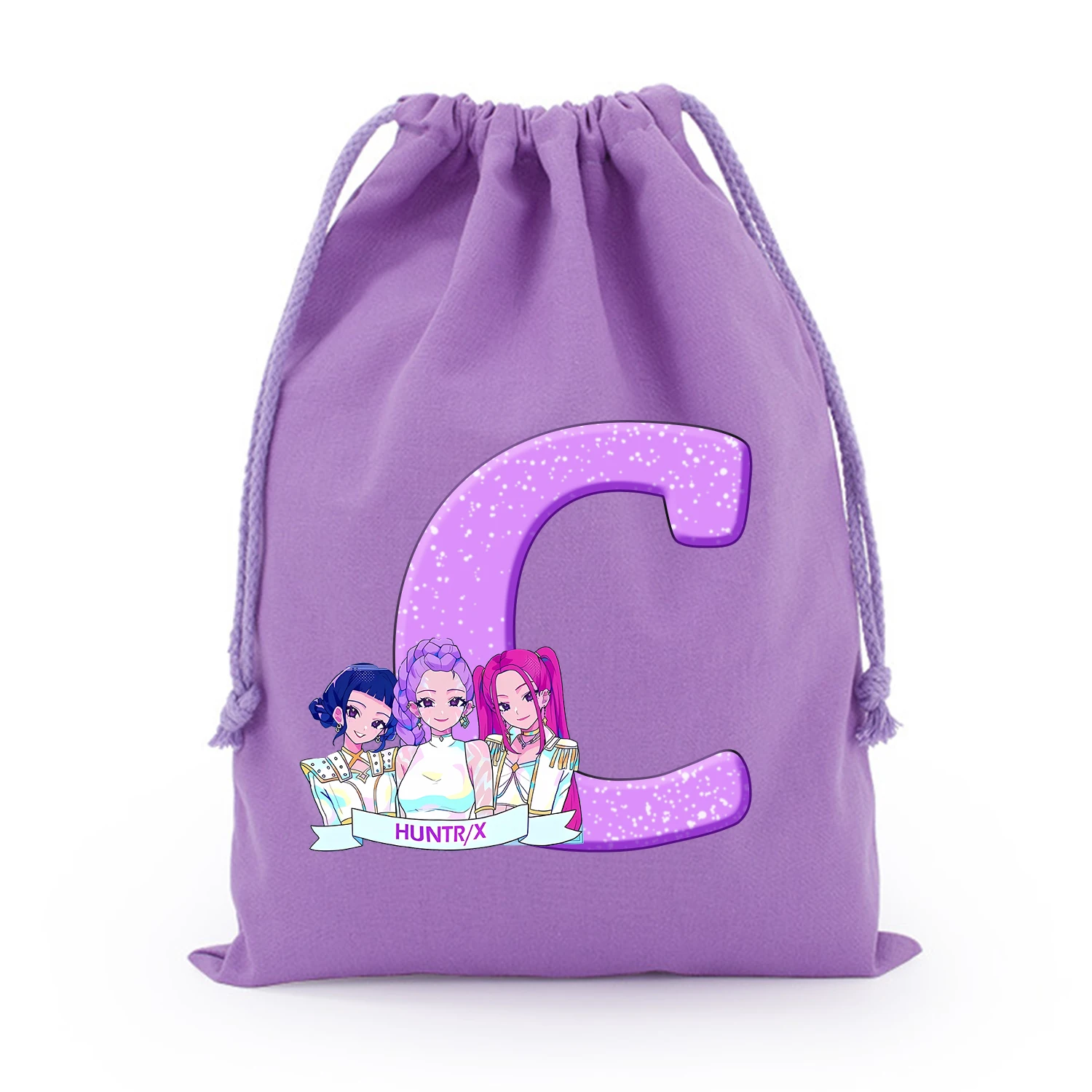 KPop Demon Hunters Borsa con coulisse Borsa regalo per cartoni animati Custodia con coulisse Borse portaoggetti in cotone per bambini Borse viola di grande capacità Kawaii