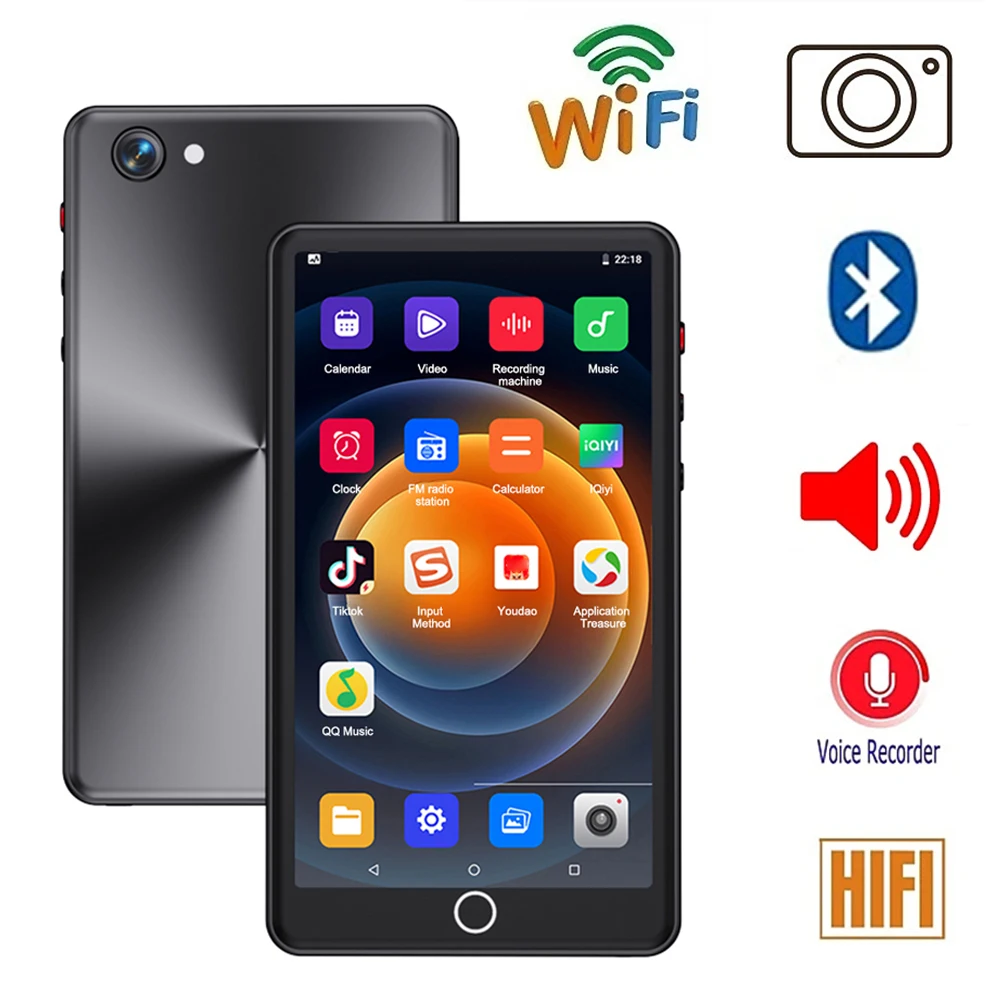 Tragbarer Wifi MP3-Player mit Kamera Metall Bluetooth 5.0 Full-Touch-Screen Android-System High-Fidelity-Audio-FM-Radio 16GB