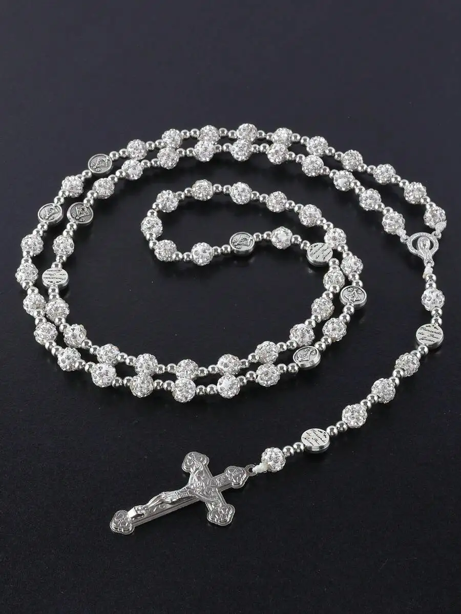 

Vintage Catholic Prayer Beads Rosary Necklace With Crystal Cross Pendant Unisex