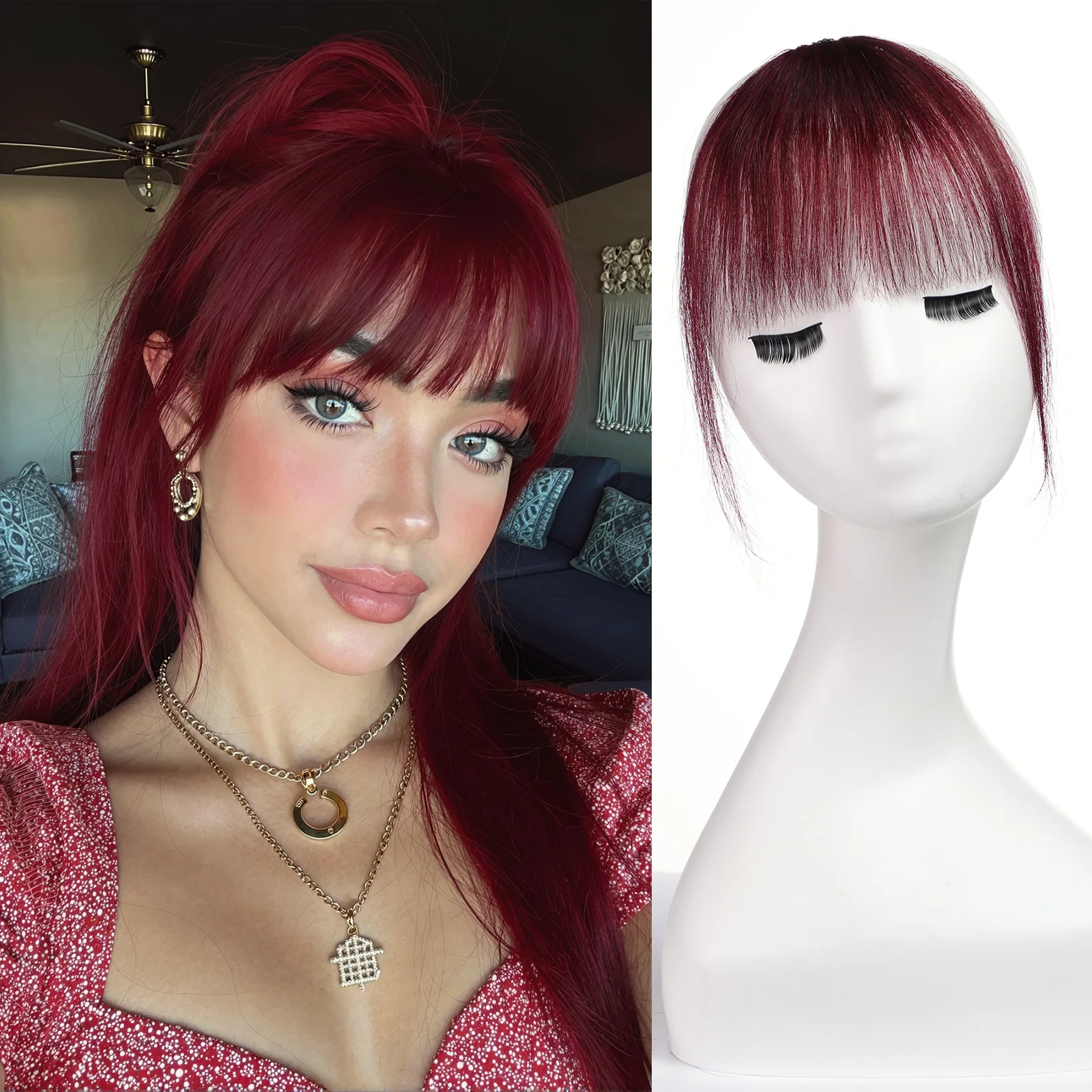 100% Human Hair Bangs Clips in Natural Air Fringe Bangs Hairpiece Wine Red Ombre Remy Human Hair Bangs Hair Extension for Women