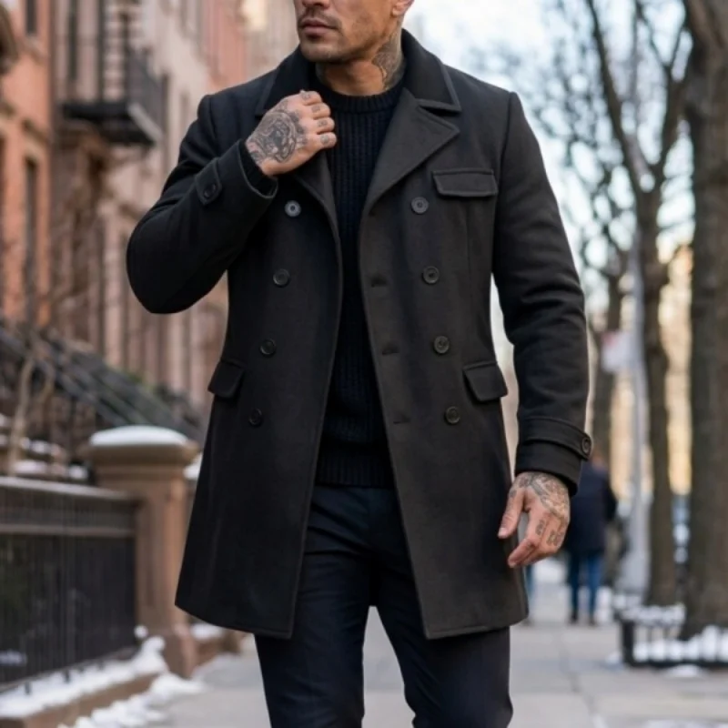 

2026 New Arrival Men's Autumn-Winter Trench Coat Color Block Wool Blend Double Breasted Streetwear Jacket for Casual Formal Wear