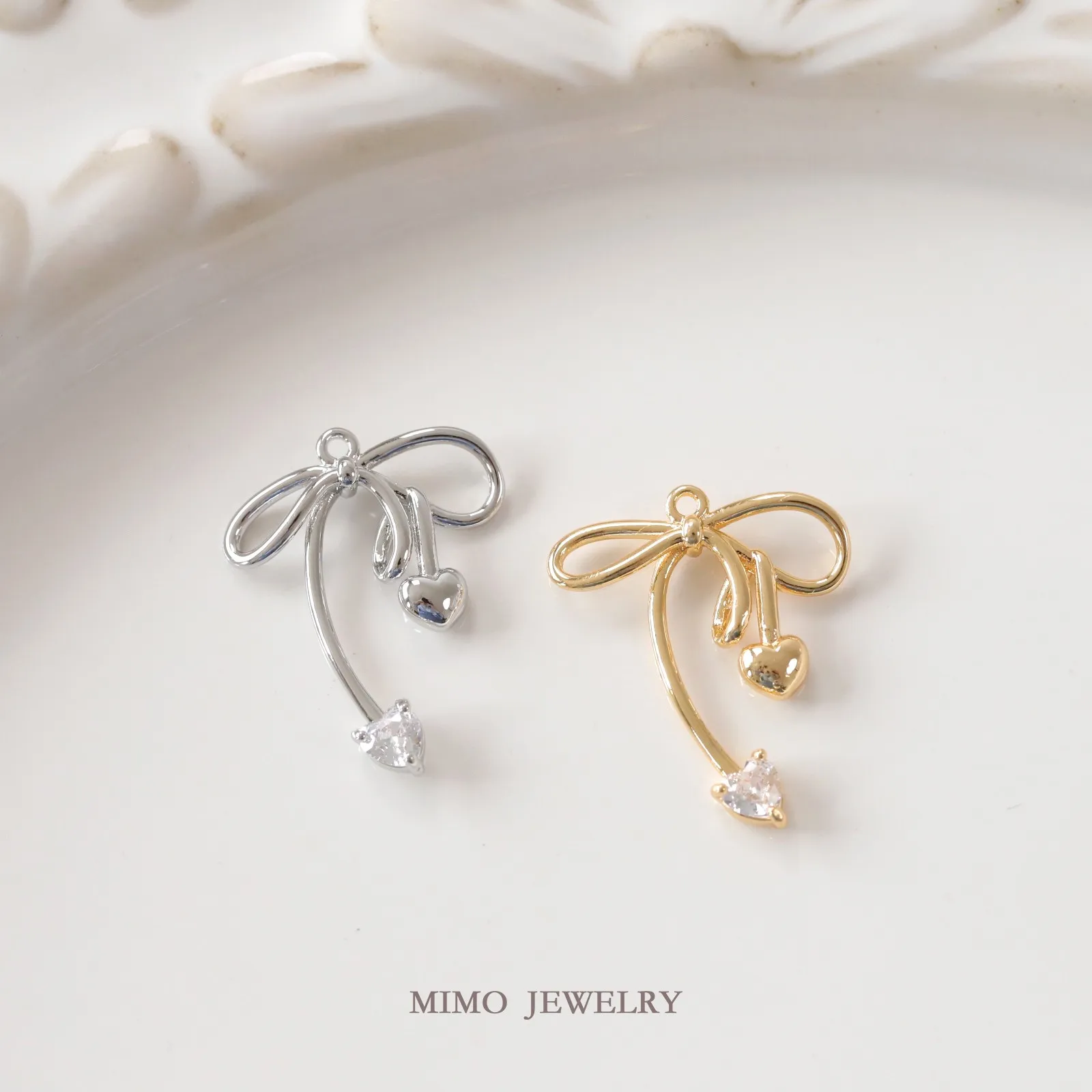 Sweet and Cute Ribbon Love Zircon Bow Charms Pendant Supplies DIY Hand Brass Gold Plated Accessories 20x24mm