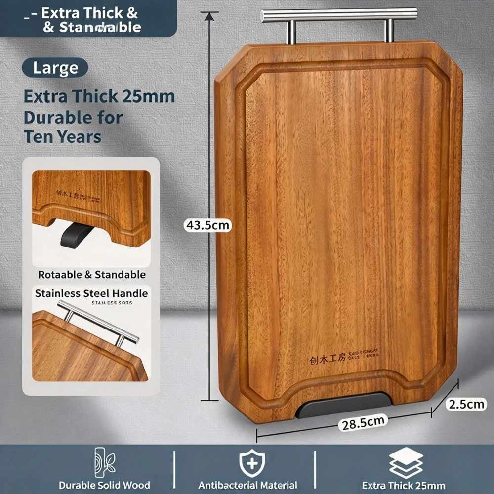 Solid Golden Sandalwood Cutting Board, Thick 25mm Large Chopping Board, Antibacterial Mildew Proof, Stand & Stainless Handle