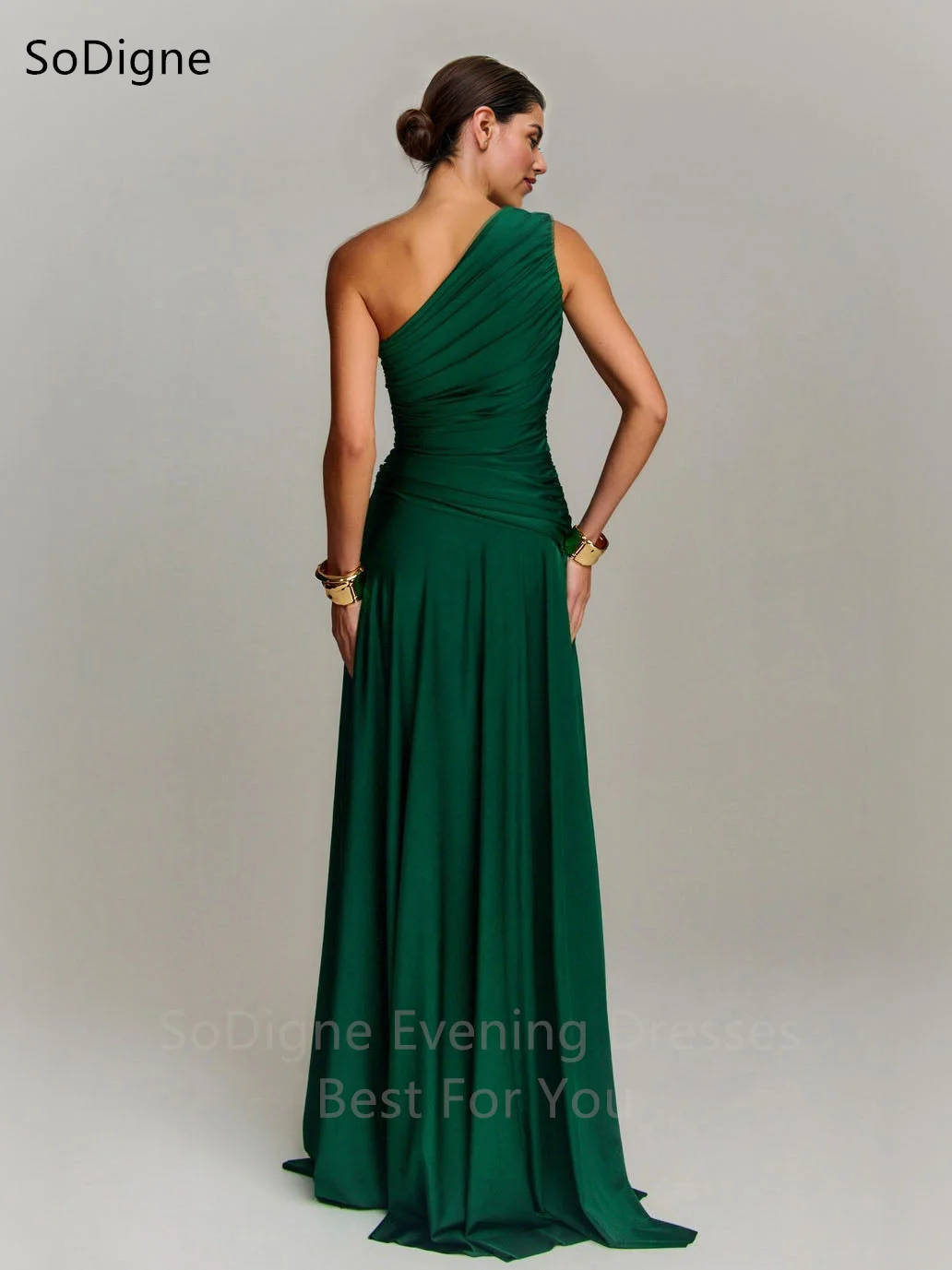 SoDigne Elegant Green Satin Evening Dresses Pleats One-Shoulder Sleeveless Party Dresses Draped A-Line Prom Gowns Customized