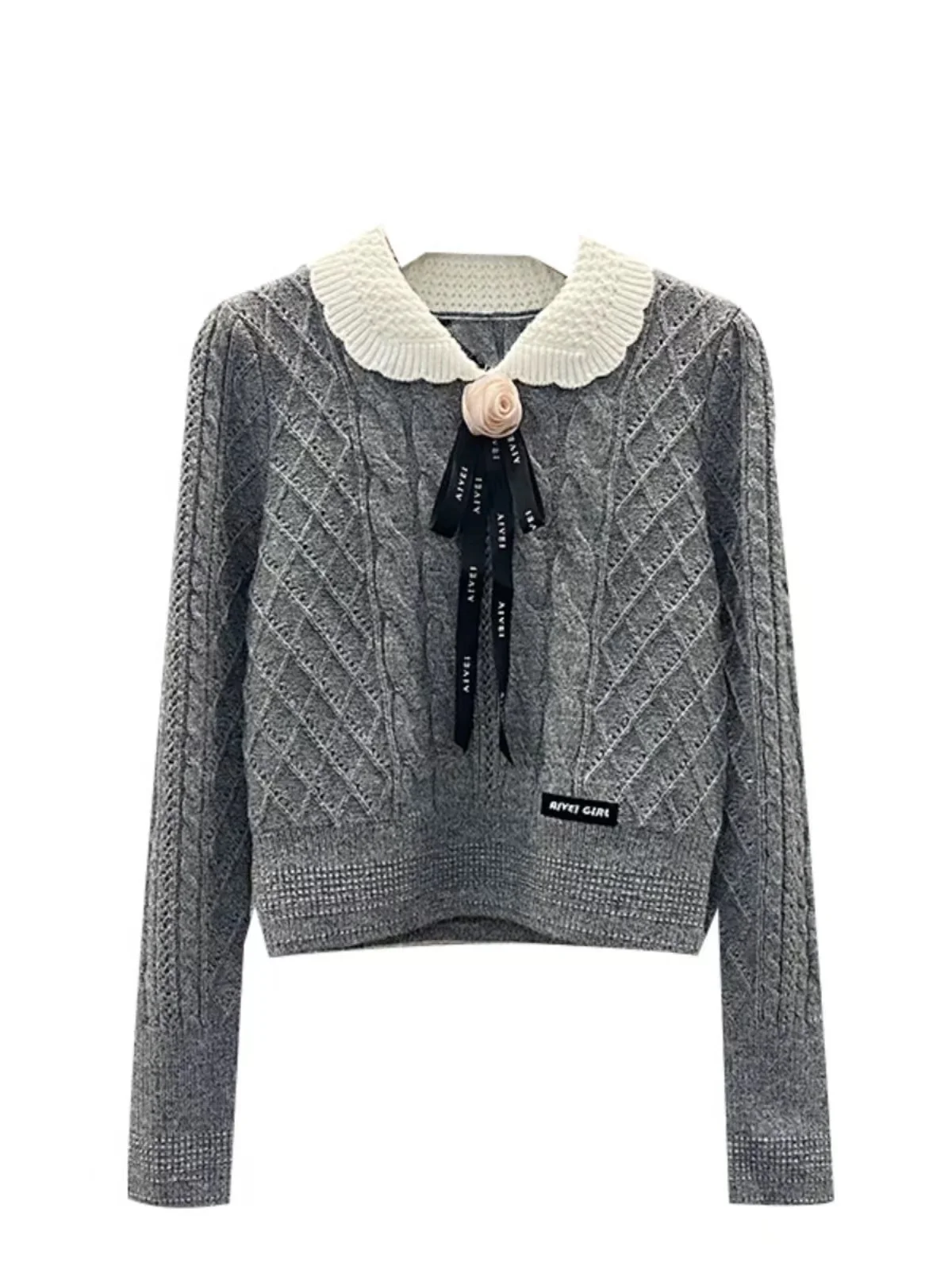 2023 Autumn Argyle Pullover Sweater Women Vintage Korean Fashion Peter Pan Collar Long Sleeve Knitwear Tops Jumper Sueter Mujer