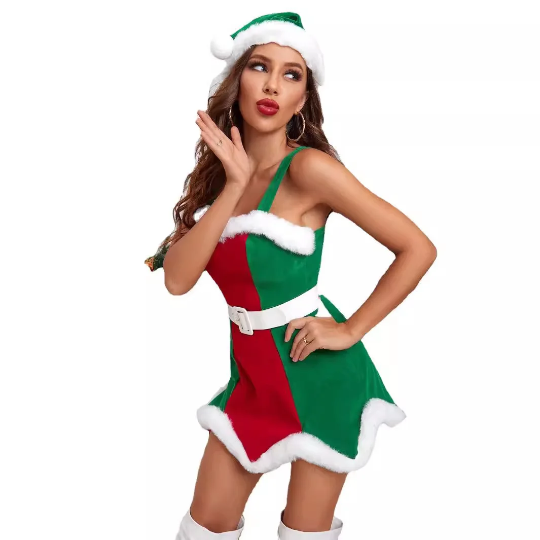 Womens Christmas Elf Cosplay Costume Flannel Dress with Hat Belt New Year Party Dress Up Performence Party Outfits Xmas Elf Gift