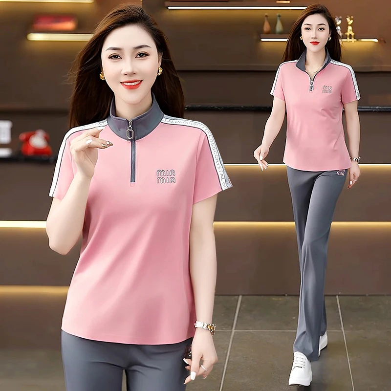 

Повседневный спортивный комплект для женщин среднего возраста: футболка с коротким рукавом и модный летний костюм-двойка больших размеров для мам