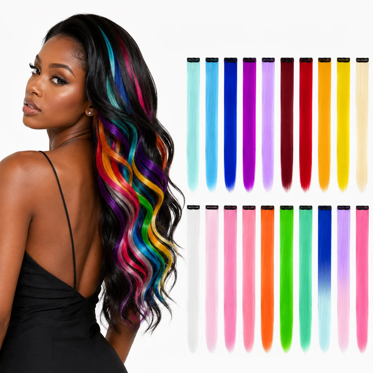 1 5 12pc Inch Colorful Clip-in Hair Extensions for Women Girls, 18  Long Straight Synthetic Hair Pieces, High Gloss Party Cospla