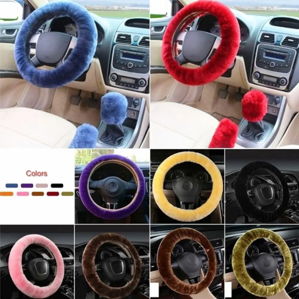 

3Pcs/Set Fashion Long Plush Warm Fur Accessory Woolen Handbrake Case Steering Wheel Cover Car Soft Wool