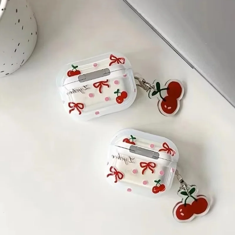 Lovely Cherry Pendant Cover For AirPods 1/2/3/4/Pro 1/Pro 2 Soft Silicone Cover With Pendant Keychain Headphones Accessories Set