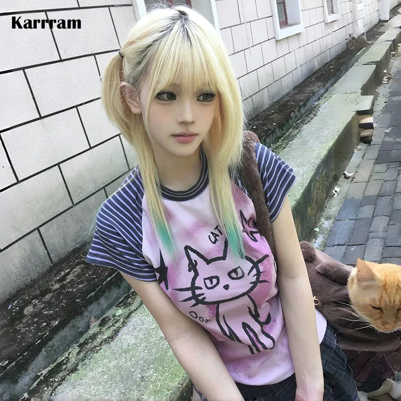 

Karrram Japanese Y2k T Shirt Trashy 2000s Kitten Print T-shirts Grunge Aesthetics Short Sleeve Patchwork Tops Vintage Harajuku