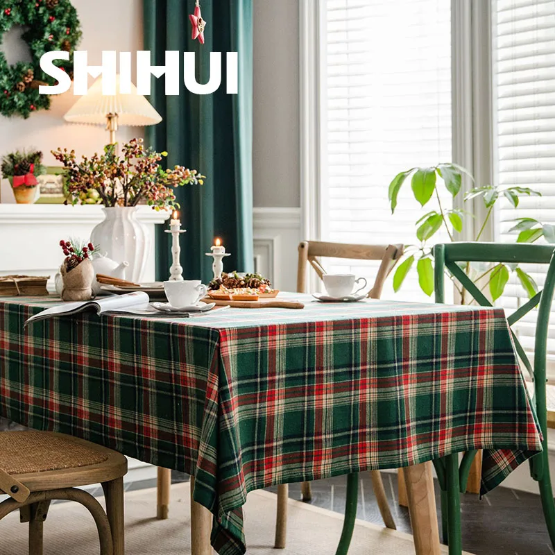 Christmas Tablecloth Dyed Green Plaid Holiday Village Home Textile New Year Rectangular Tablecloths Dining Table Cover