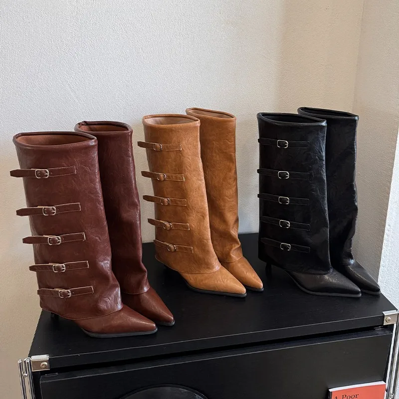 New New Autumn Winter Pointed Toe Boots for Women Fashion PU Versatile High-heeled Knee High Boots Retro Belt Buckle Women Boots 326 - Aliexpress Deal