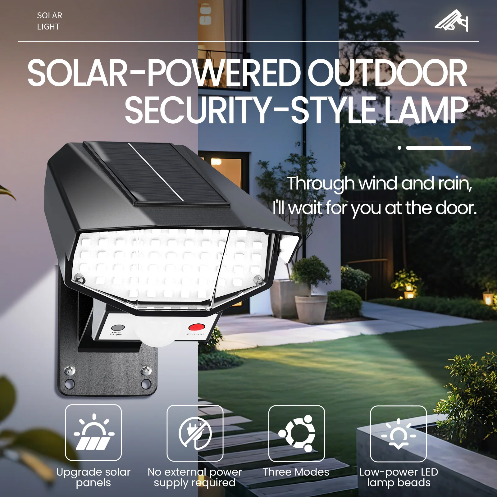 Solare Außen-Sicherheitsleuchten mit PIR-Bewegungssensor, 3 Modi Wasserdichte Kamera-ähnliche LED-Wandlampe für Garten, Hof, Garage, Gehweg
