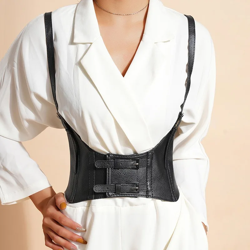 Women Double Buckle Cincher Wide Belt Vintage Gothic PU Leather Underbust Corset Crop Top Solid Adjustable Vest Waist Belt