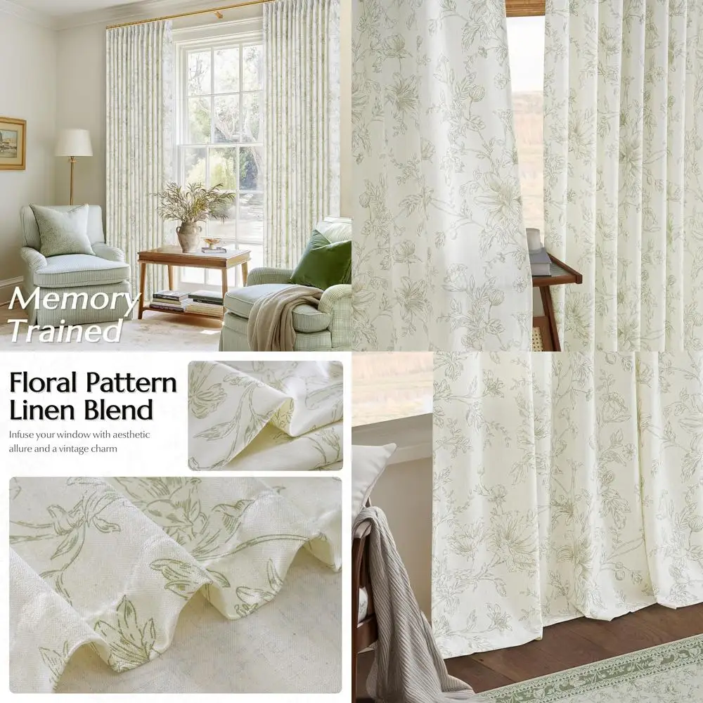 

Sage Green Floral Linen Curtains, 96 Length, 2-Panel Set, Semi-Sheer with Pinch Pleat Tabs and Hooks for Living/Dining Rooms