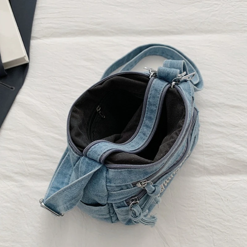Cute Korean Style Embroidered Cat Crossbody Bag Washed Denim Phone Bag for Women Daily Styling Casual Minimalist Shoulder Bag - view 5