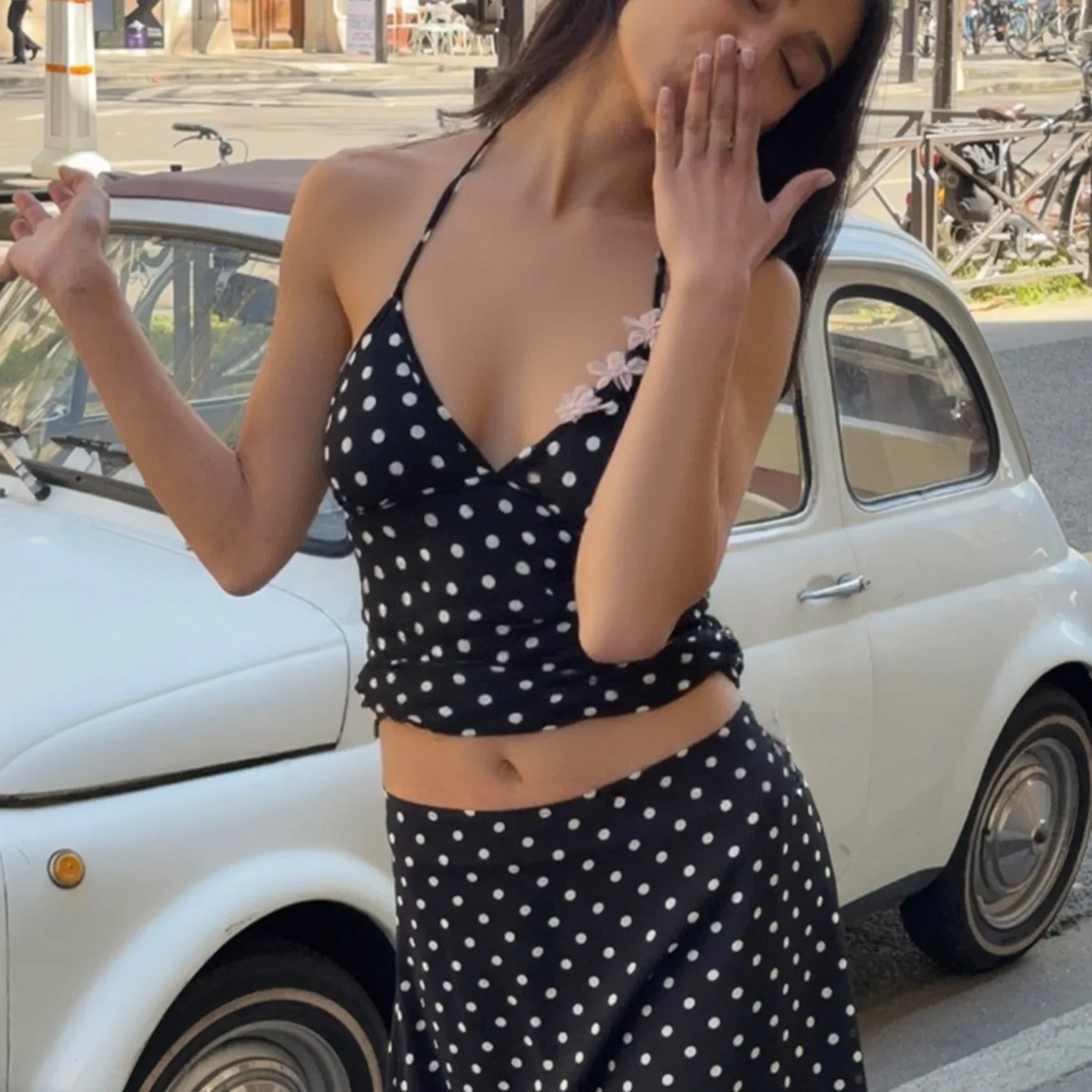 

Сексуальный прозрачный топ Bal с v-образным вырезом, облегающий топ в горошек на бретельках, уличный топ с классическим узором, полиэстер, летний ор Све