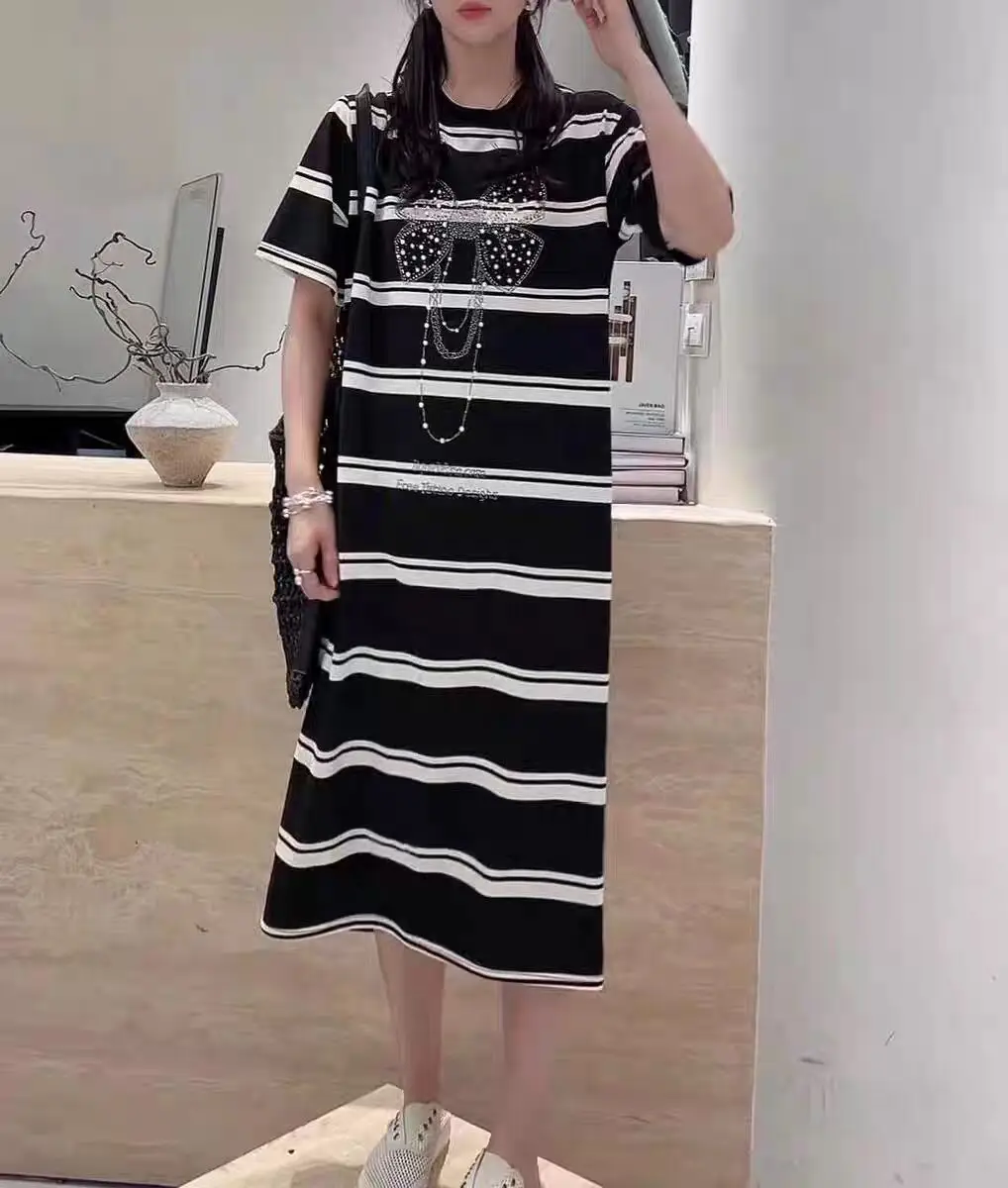 

2024 Summer Fashionable Pregnant Women's Loose Dress Large Size Striped Knitted Dress Beaded Bowknot Maternity Straight Dresses