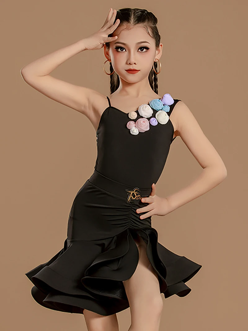 

Black Kids Girls Latin Dance Costume Sleeveless Bodysuit and Skirts Big Skirt Hem Ballroom Dancewear Children Training Set
