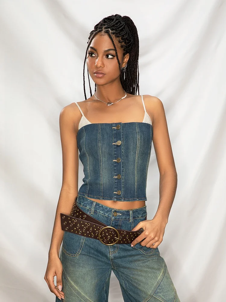 

ABMY Vintage Washed Denim Lace Dream Women's Fishbone Lace Splicing Design Sensation Top Strap Vest Cotton Polyester Blend