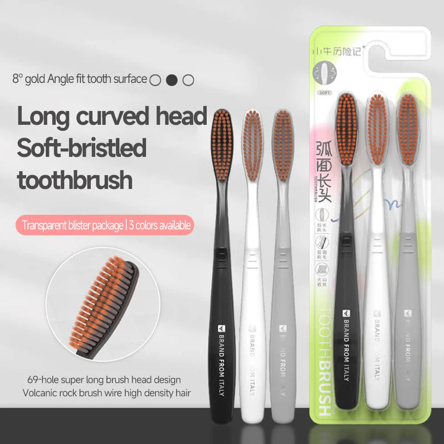 3 long-head toothbrushes 3 kinds of color arc surface soft hair adult manual toothbrushes