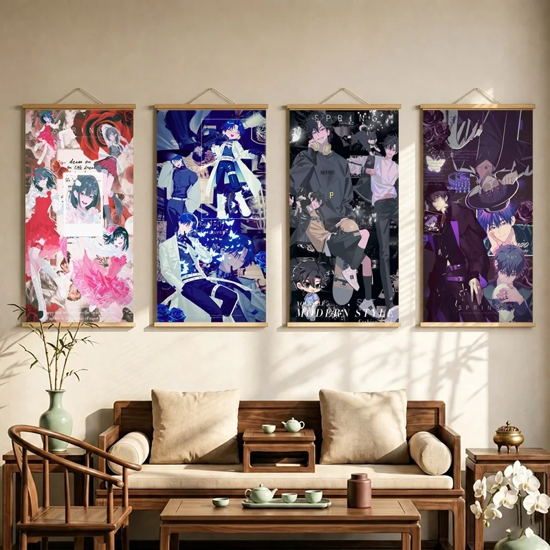 Link Click Hanging Scroll with Anime Character Collages in Red, Blue and Purple Tones for a Cozy Contemporary Bedroom