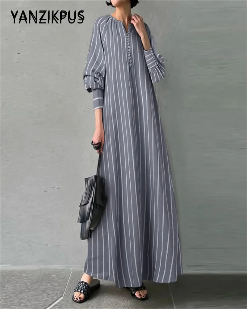 Cotton and Hemp Striped Round Neck Long Sleeve Dress, Simple and Loose Hooded Dress, Muslim Arab Fashion Art Style, New