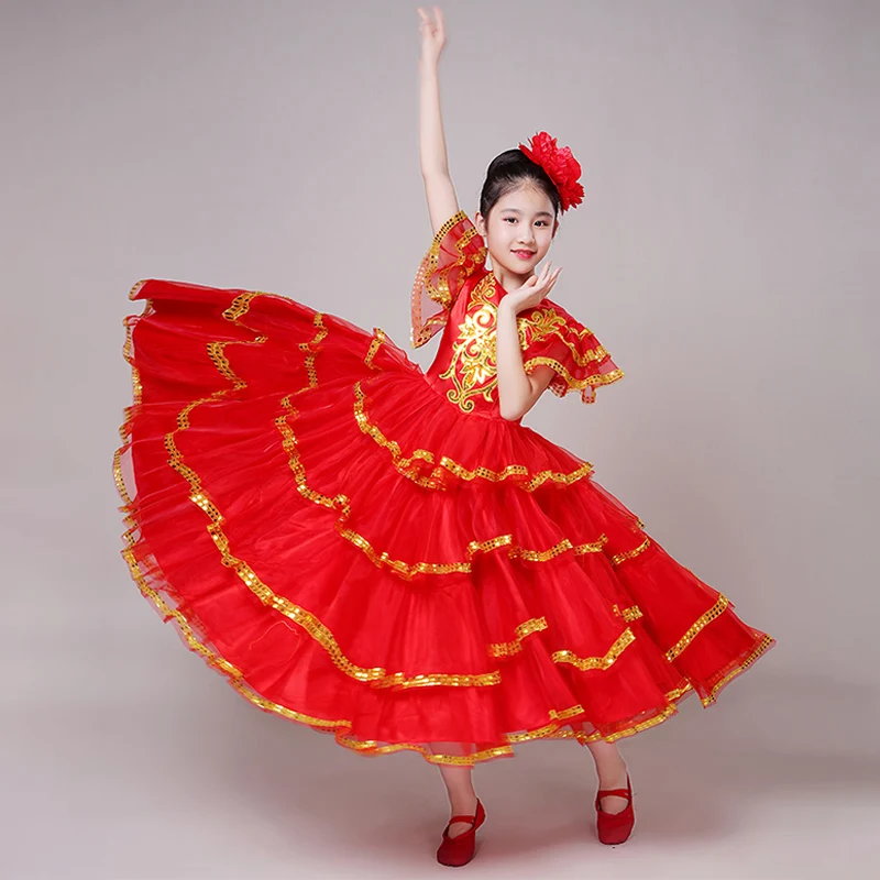 Crianças espanhol flamenco dança vestido meninas cigano valsa dança moderna grande balanço saia carnaval palco abertura desempenho traje