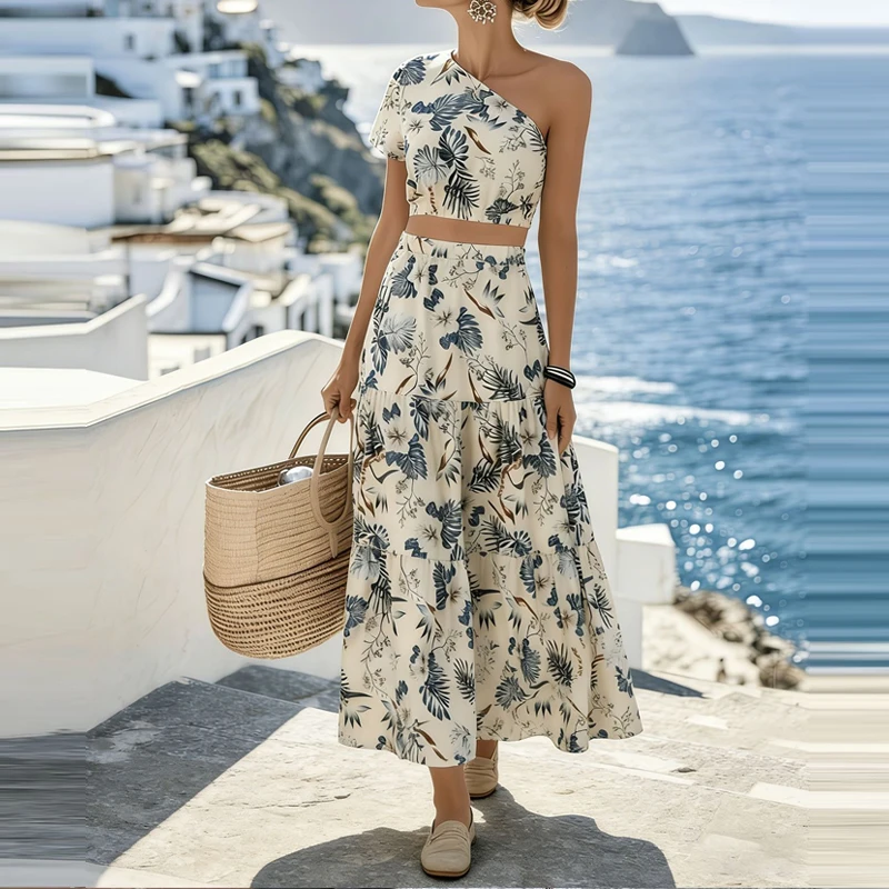 

Ladies Diagonal Collar Top with Long Skirt Beach Suit Asymmetrical Leaf Print Casual Two-piece Set Sexy Hollow Backless Outfits