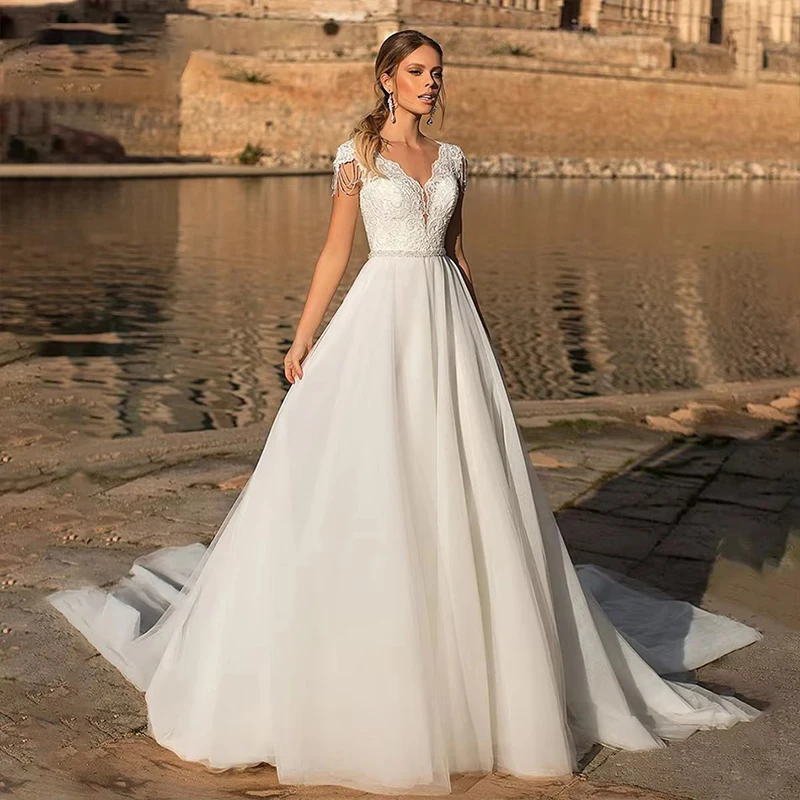 Vestido de casamento vintage organza com bordado a linha até o chão vestido de baile sem mangas com decote em v nupcial personalizado robe de mariee ﻿