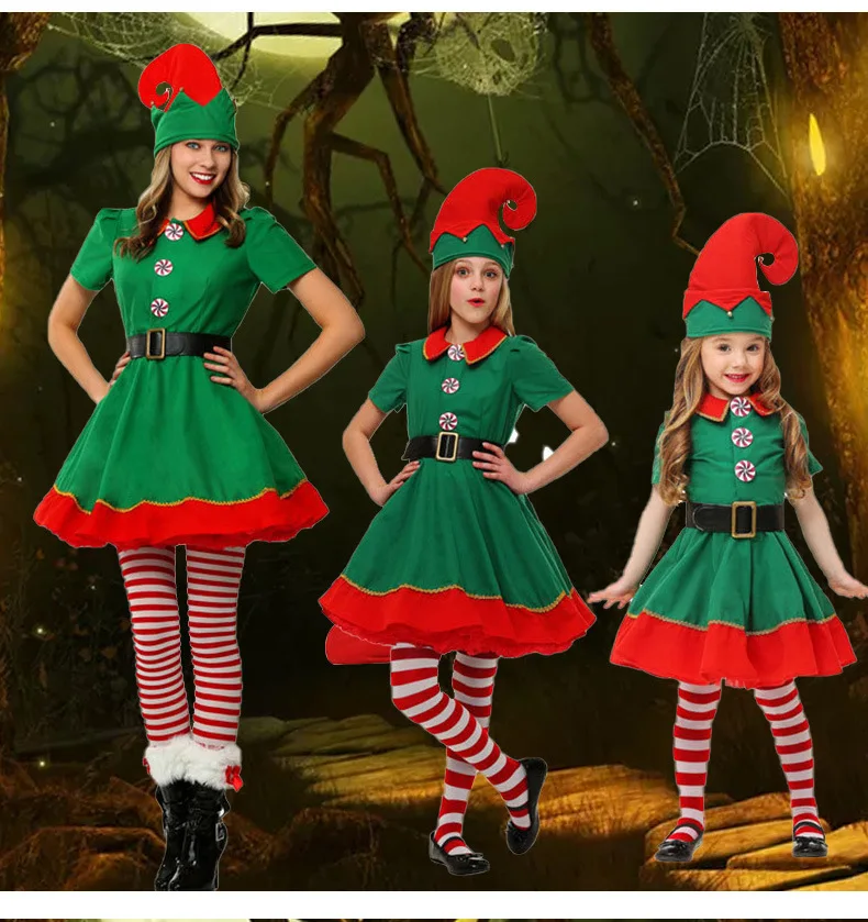 Family Matching Christmas Elf Costume Set Adults Kids Holiday Cosplay Outfit Boys Girls Xmas Party Dress Up Role Play Suit