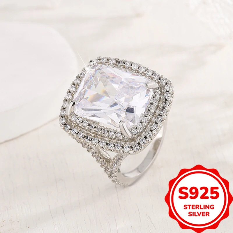 

925 Silver New Fashion Square Flashing Ring with Geometric Luxury Inlaid AAA Cubic Zirconia Wedding Accessories Women's Jewelry