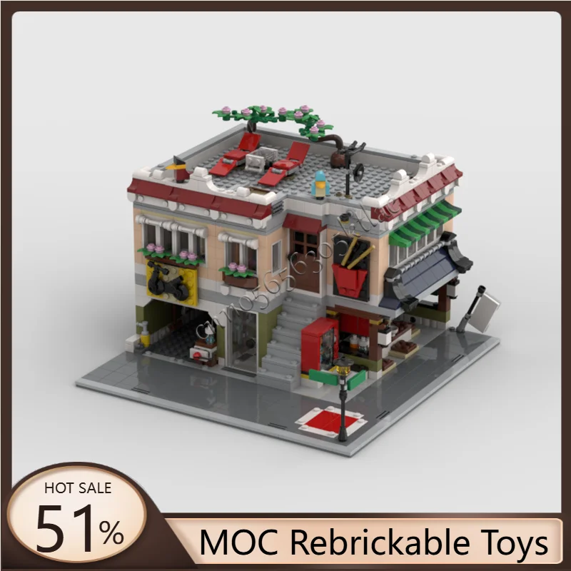 

1462 PCS MOC City Street Views Modular Noodle And Bike Shop Building Block Educational Assembly Kids Toys Christmas Gifts