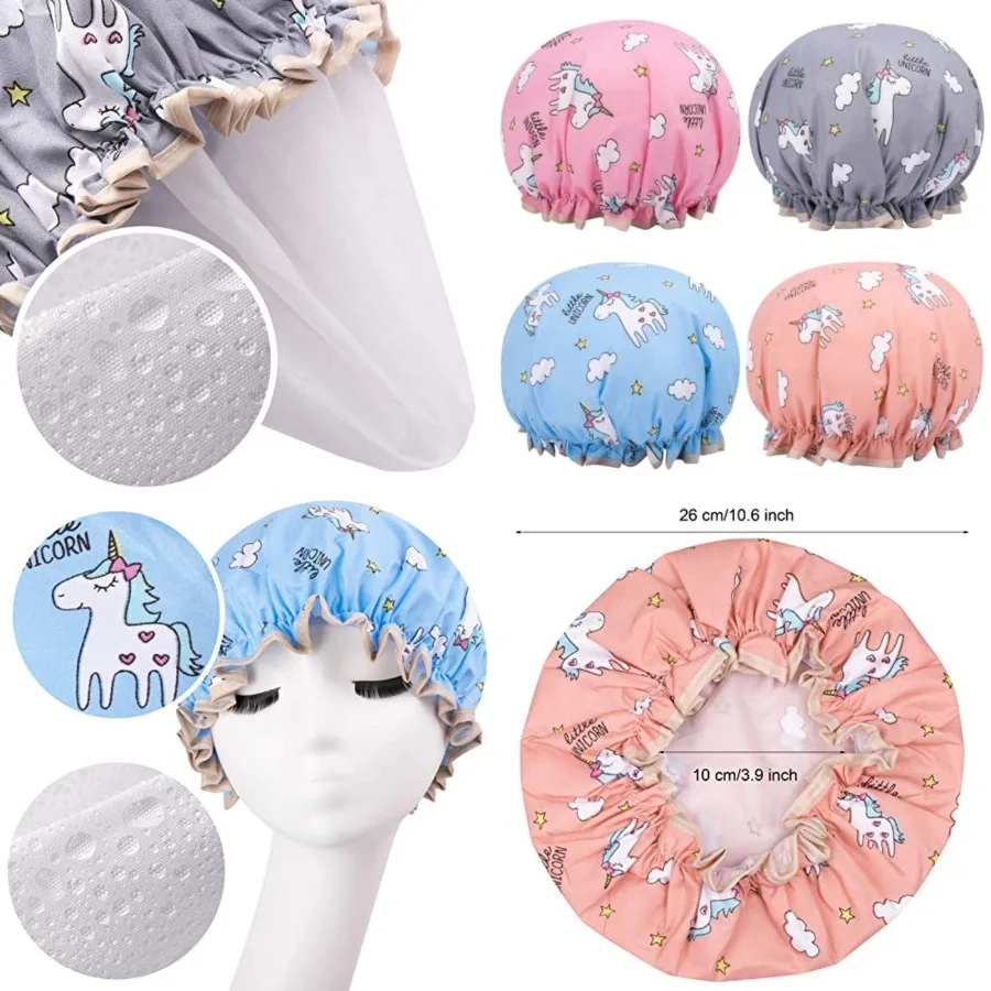 

Unicorn Shower Caps for Long/Thick Hair, Cute Hair Cover for Women and Girl, Waterproof Bath Hat, Double Layer Bonnet