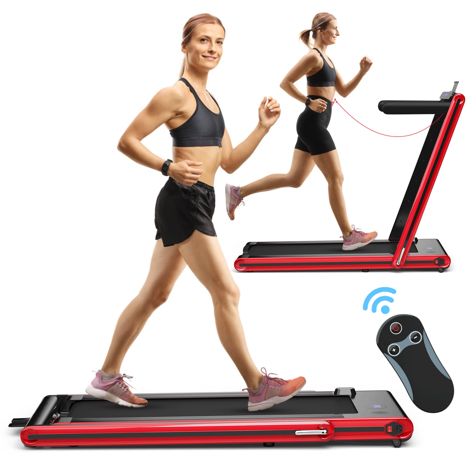 2-in-1 Folding Treadmill 2.25HP Jogging Machine w/ Dual LED Display Red