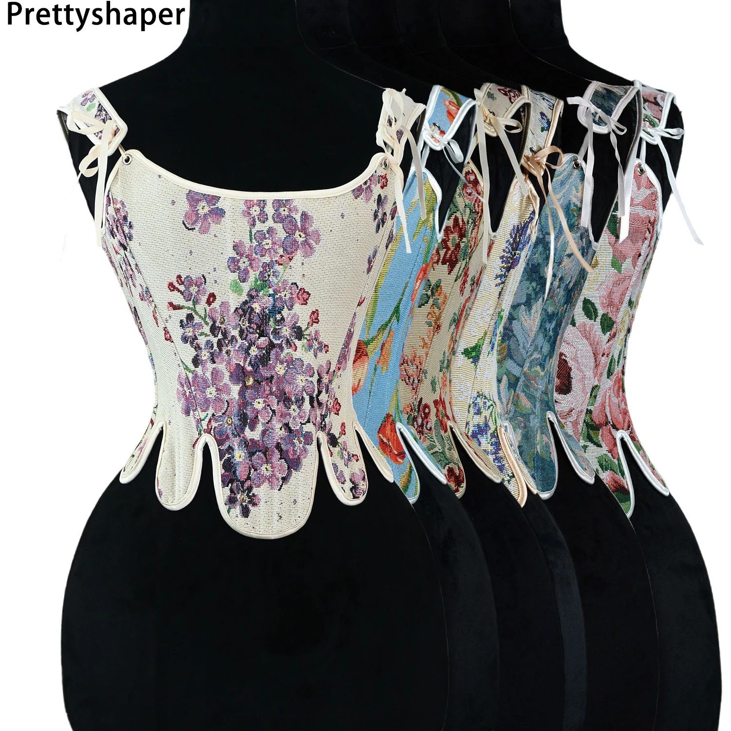 Women Petal‑Design Overbust Corset Crop Tops Vintage Floral Print Bustier Lace‑up Boned Bodice Stage Costume