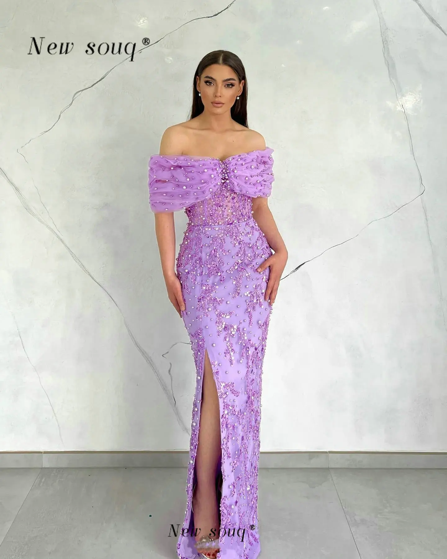 Elegant Lilac Off the Shoulder Long Corset Evening Dresses Formal Occasions Pearls Beaded Sequined Wedding Party Gowns for Women