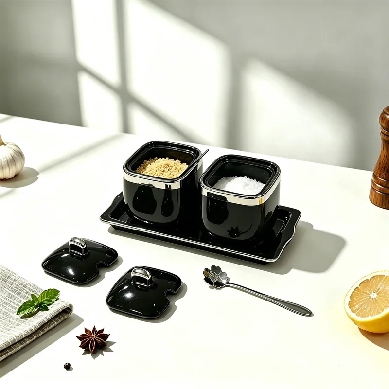 DSA ceramic seasoning jar, full set of household seasoning box, salt and sugar jar set, kitchen supplies with spoon combination 3