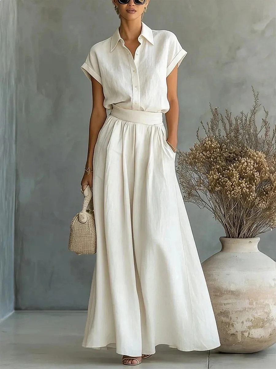 Shirt Blouse Solid Color Wide Leg Pants Matching Set Shirts Spring Summer