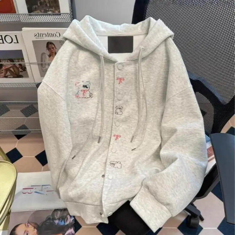 

Винтажный хлопковый кардиган-худи для женщин: повседневный, свободный крой, с милым принтом щенка, универсальный, модный, для ранней весны