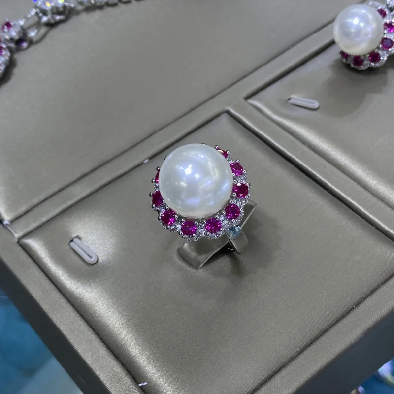 

Red Corundum Natural Shell Comparable to Pearl Full Diamond Open Ring Elegant Noble Pendant Earring Set for Women