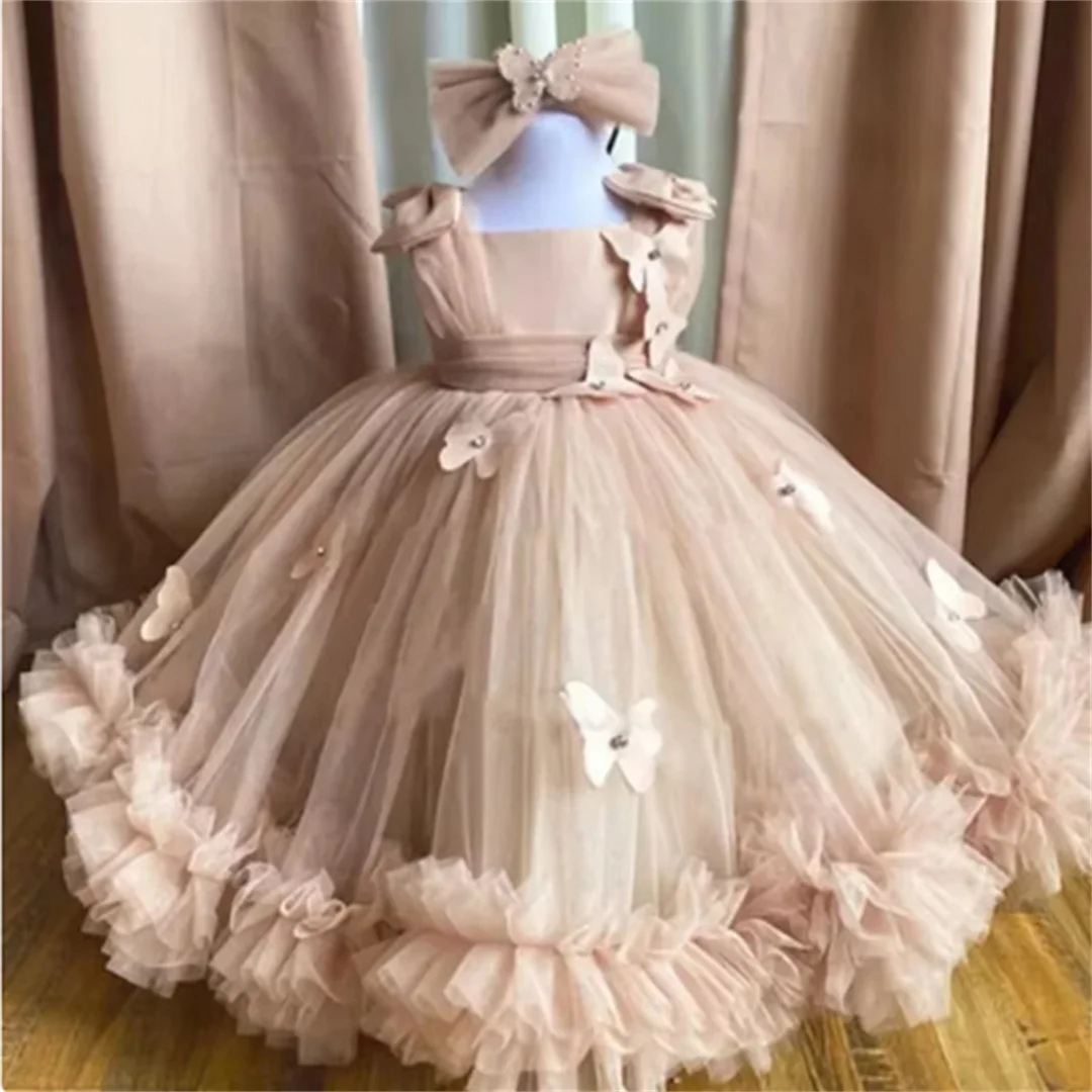 Cute Flower Girl Dresses For Wedding Puffy Tulle 3D Butterflies Princess Birthday Party Ball Gowns First Communion Dress