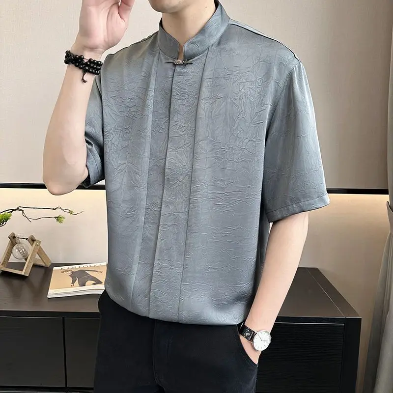 New Chinese Ice Silk Trendy Brand Handsome Short-sleeved Men's Summer Shirt 2025 New