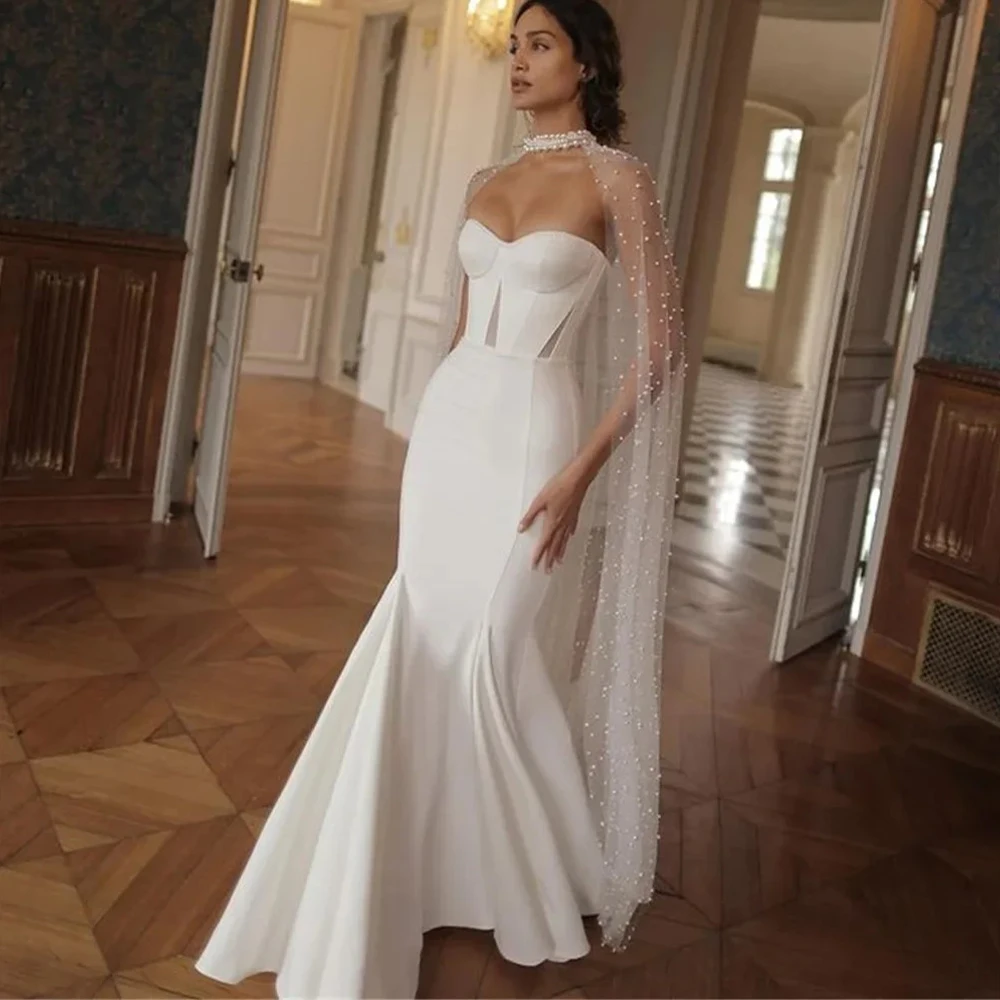 

Customized Strapless Satin Wedding Dress Sequin Sweetheart Sheath Mermaid Wedding Dress Beach Wedding Dress（Without Cape ）