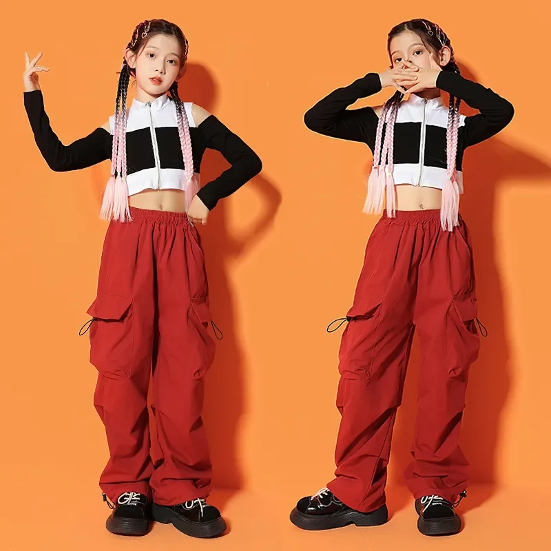 Cargo Pants For Girls Jazz Dance Costume Rave Clothes Kids Showing Street Hip Hop Clothing Crop Top Long Sleeve T Shirt Casual