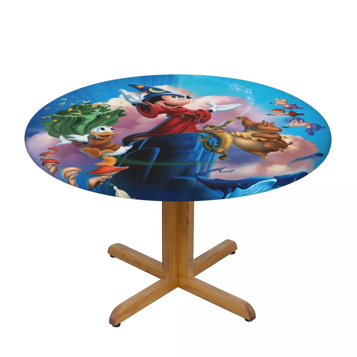 Customized Disney Fantasia Movies Mickey Mouse Anime Music Tablecloth Round Elastic Waterproof Table Cover Cloth for Dining Room